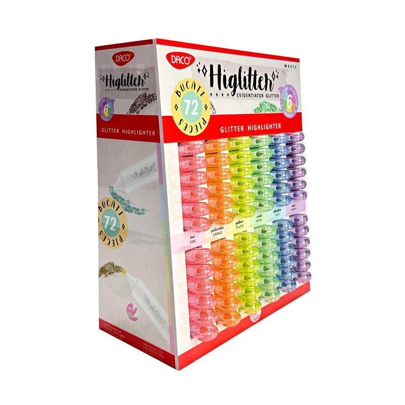 Display markere evidentiatoare, glitter, 72 bucati, DACO